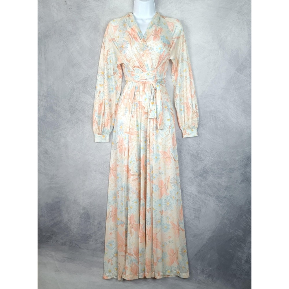 Vntg Olga Gown Womens Small Floral Pastel Maxi Wrap Nylon Romantic House Dress